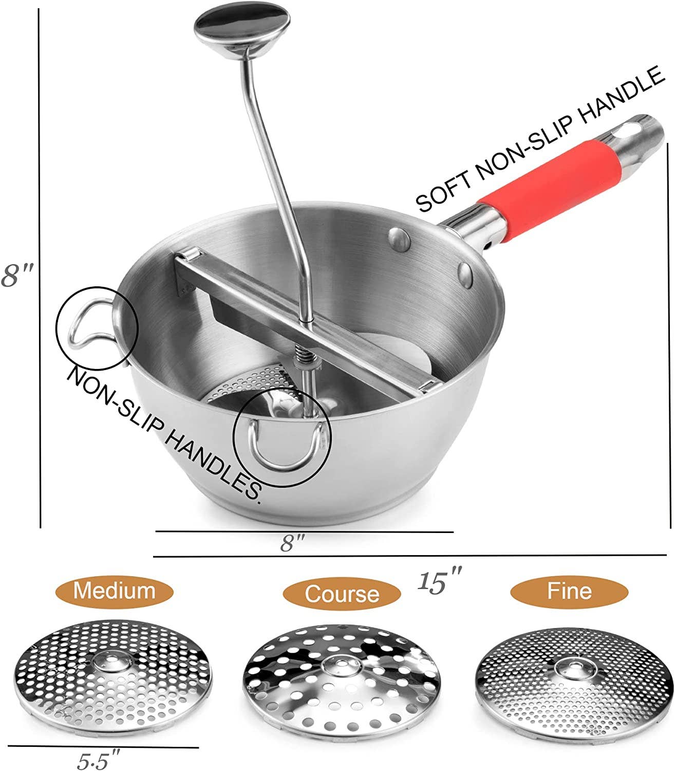 Stainless Steel Food Mill with 3 Grinder Discs-Red Handle Bezrat