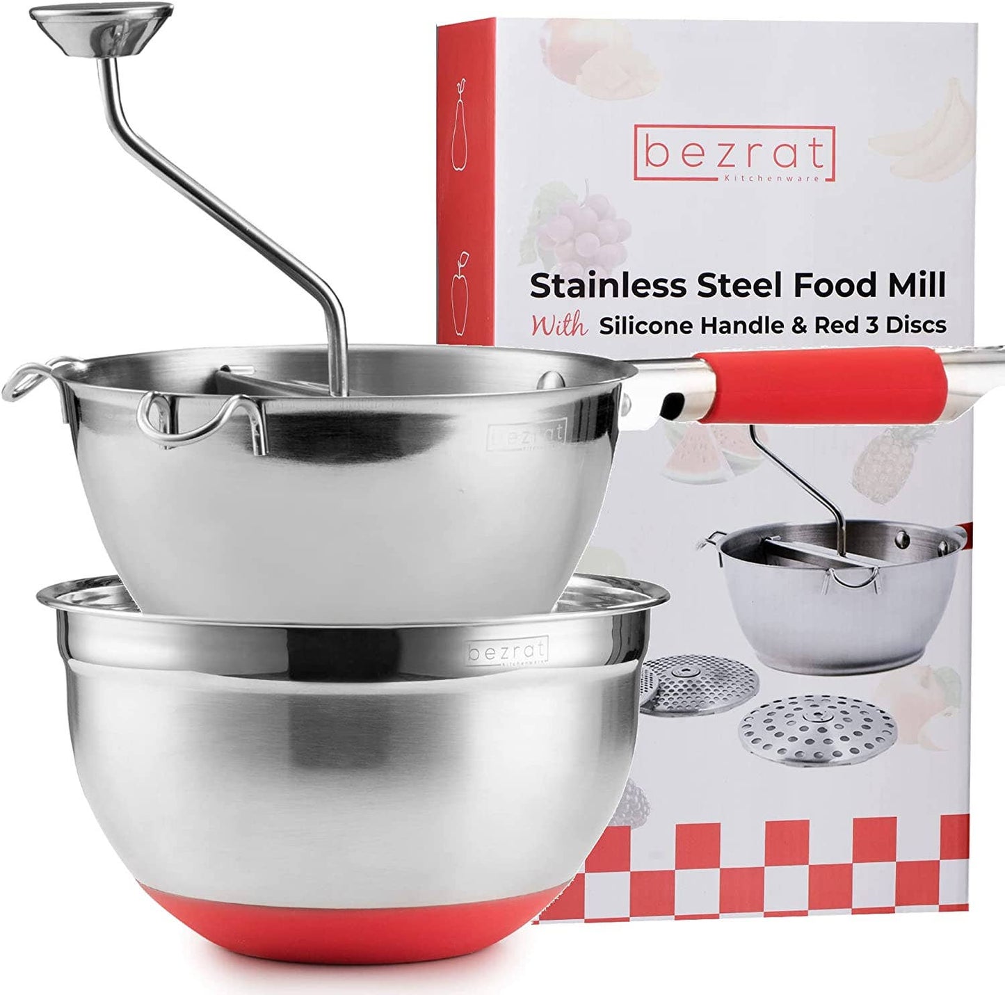 Stainless Steel Food Mill with 3 Grinder Discs-Red Handle Bezrat