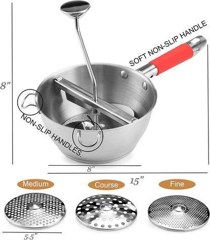Stainless Steel Food Mill with 3 Grinder Discs-Red Handle Bezrat
