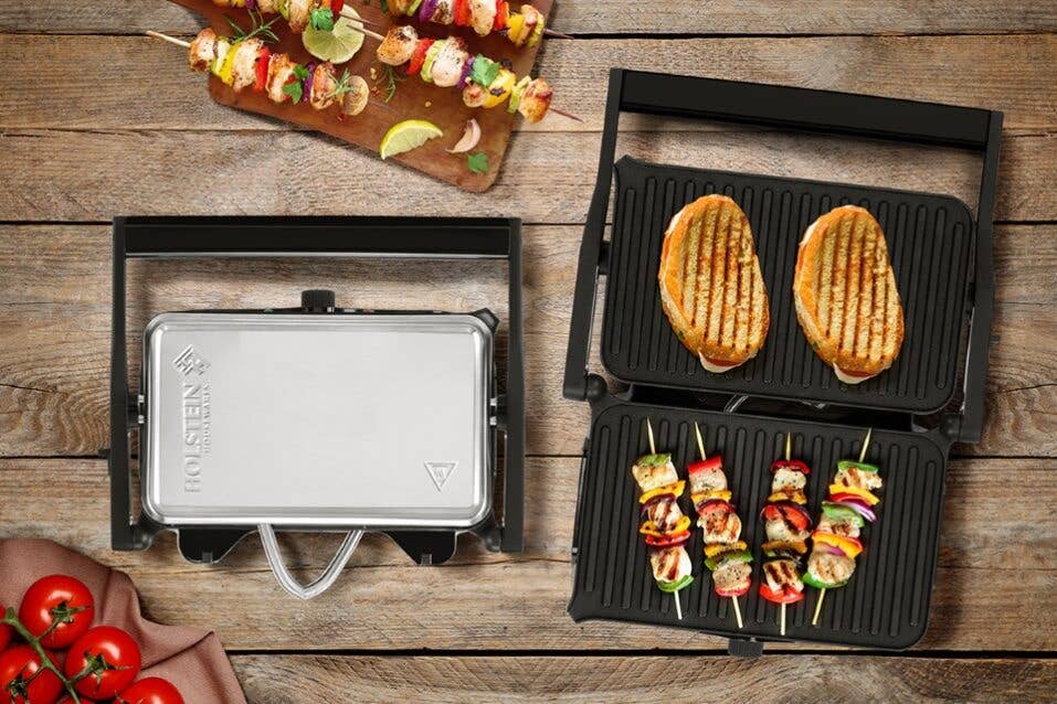 Holstein Housewares - 2-SLICE PANINI PRESS + 180° GRILL: BLACK/STAINLESS STEEL Holstein Housewares